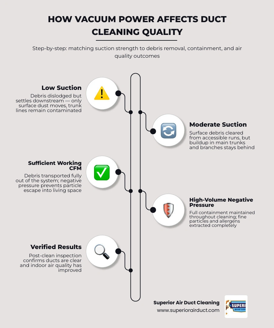Infographic showing how vacuum power levels affect debris transport, containment, and indoor air quality outcomes in