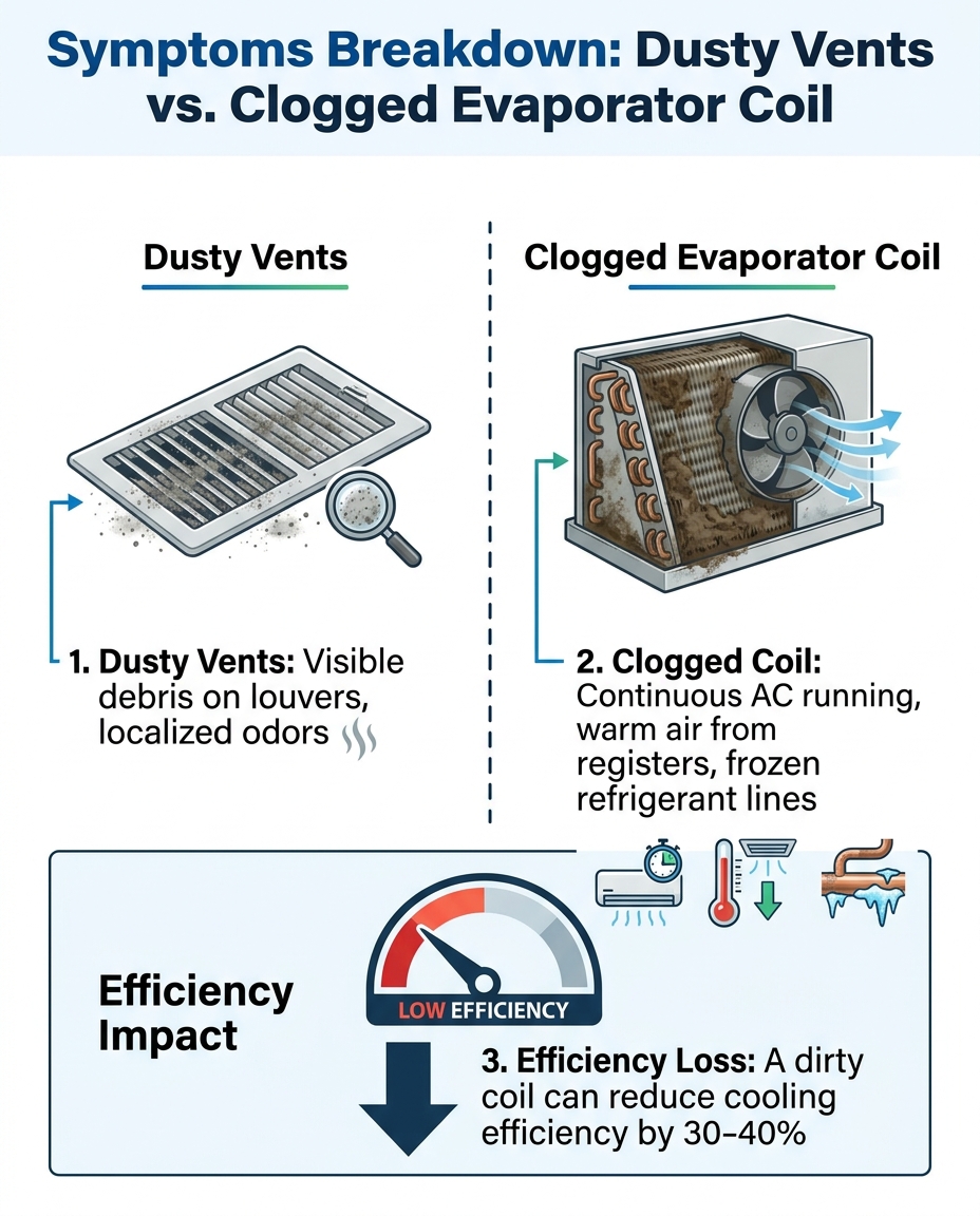 Symptoms Breakdown: Dusty Vents vs. Clogged Evaporator Coil