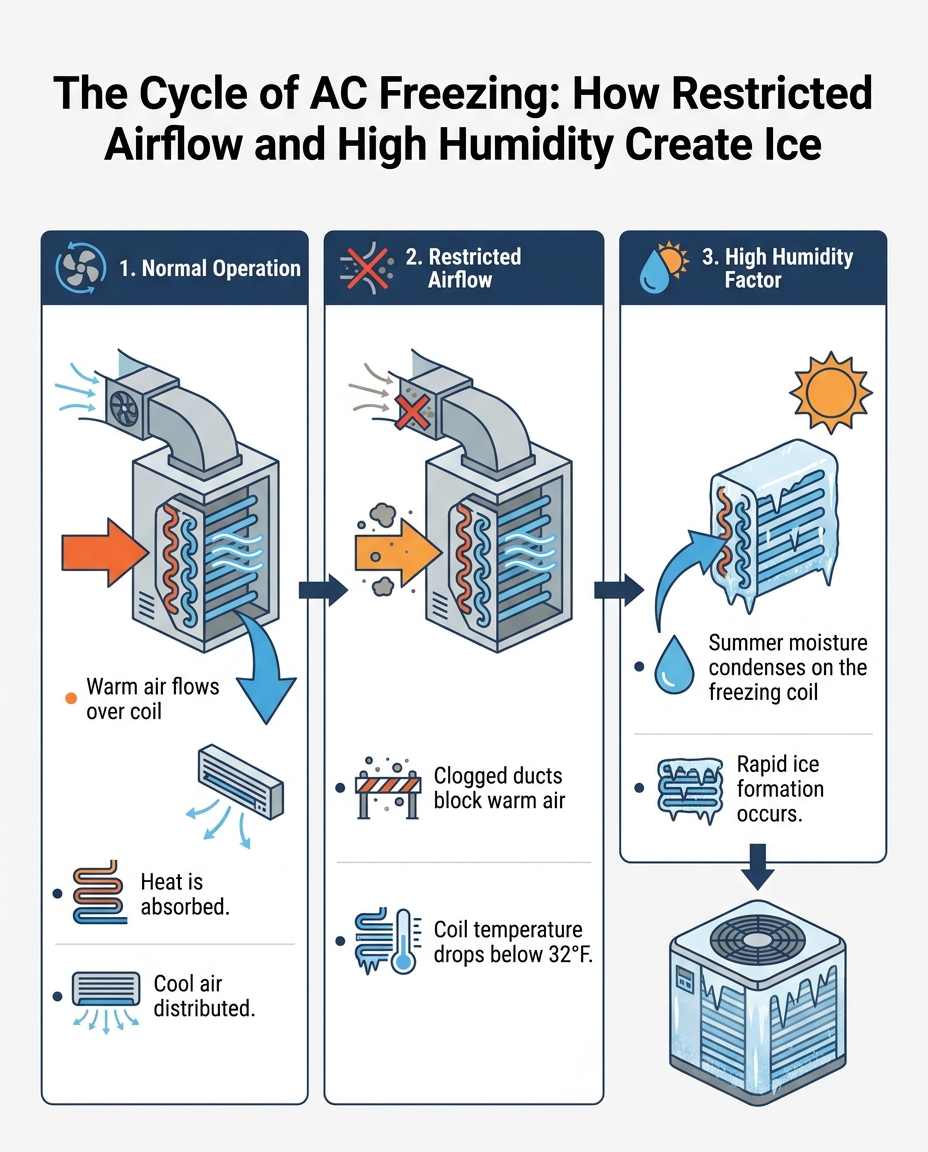 The Cycle of AC Freezing: How Restricted Airflow and High Humidity Create Ice