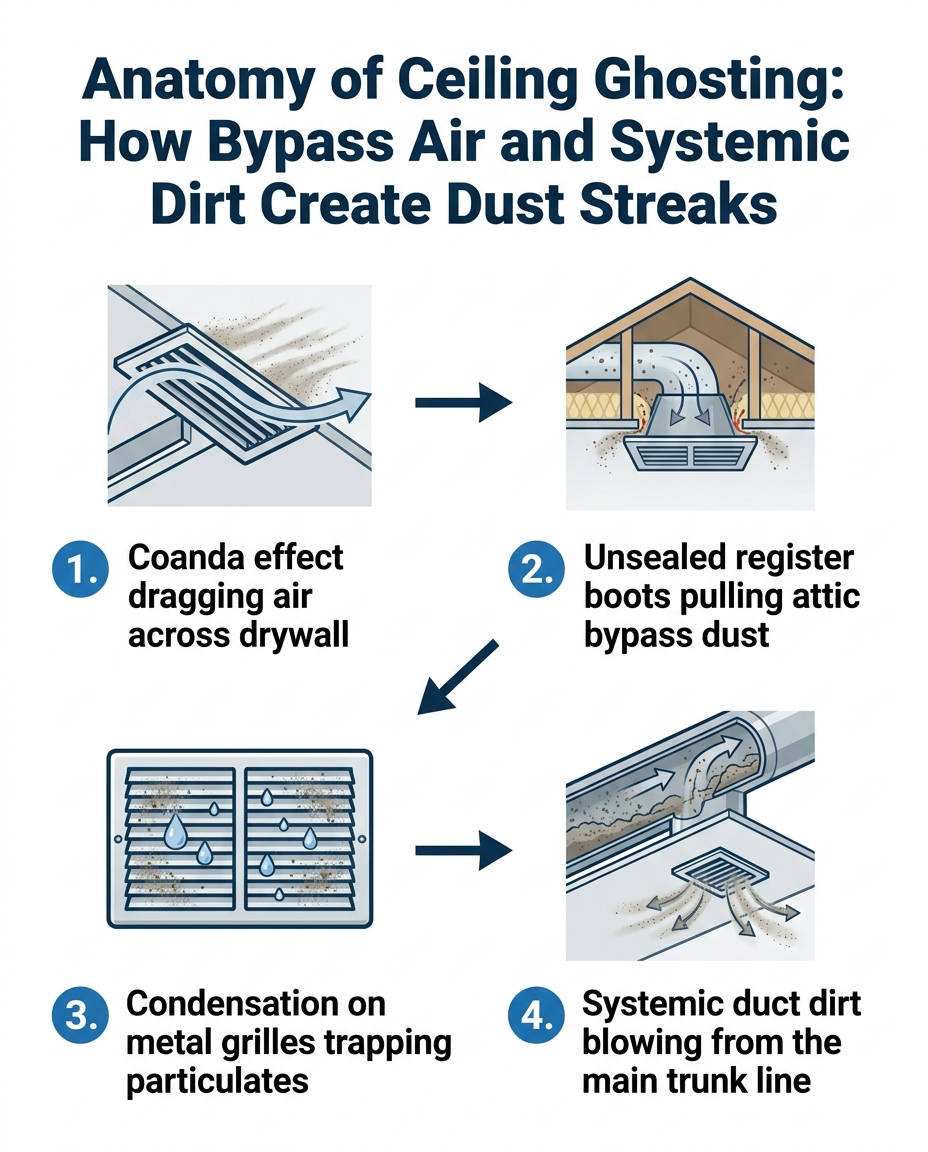 Anatomy of Ceiling Ghosting: How Bypass Air and Systemic Dirt Create Dust Streaks