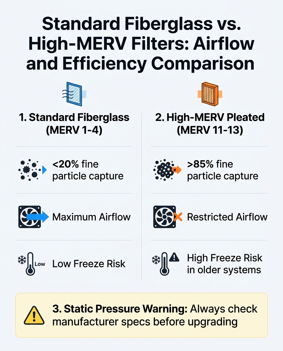 Standard Fiberglass vs. High-MERV Filters: Airflow and Efficiency Comparison