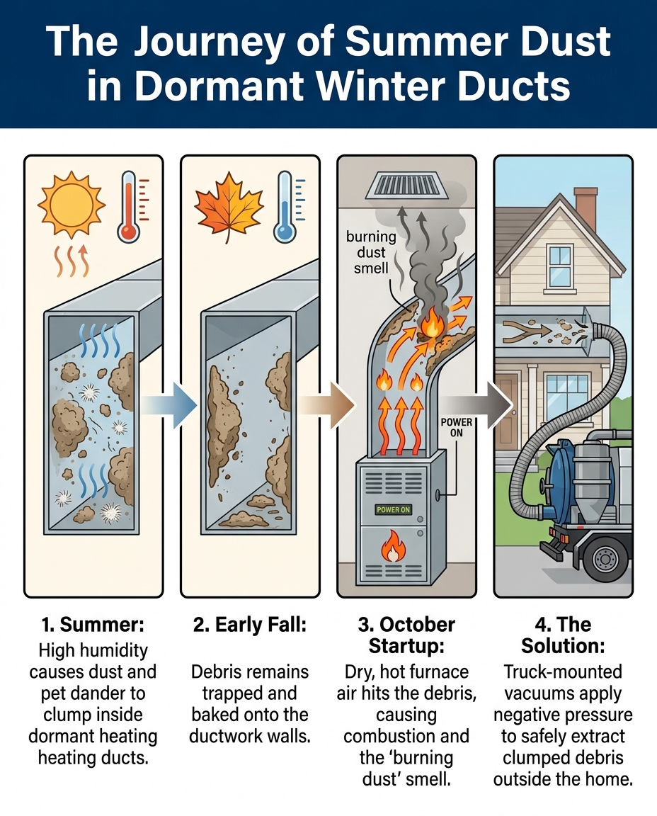 The Journey of Summer Dust in Dormant Winter Ducts
