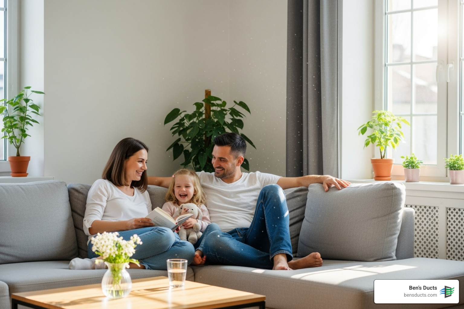 A happy family relaxing on a sofa in a bright, clean living room, breathing fresh air. - cleveland air duct cleaning