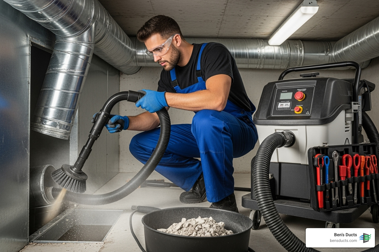 Professional technician using high-powered vacuum and brush system on a home's ductwork - energy efficient air duct cleaning bay village