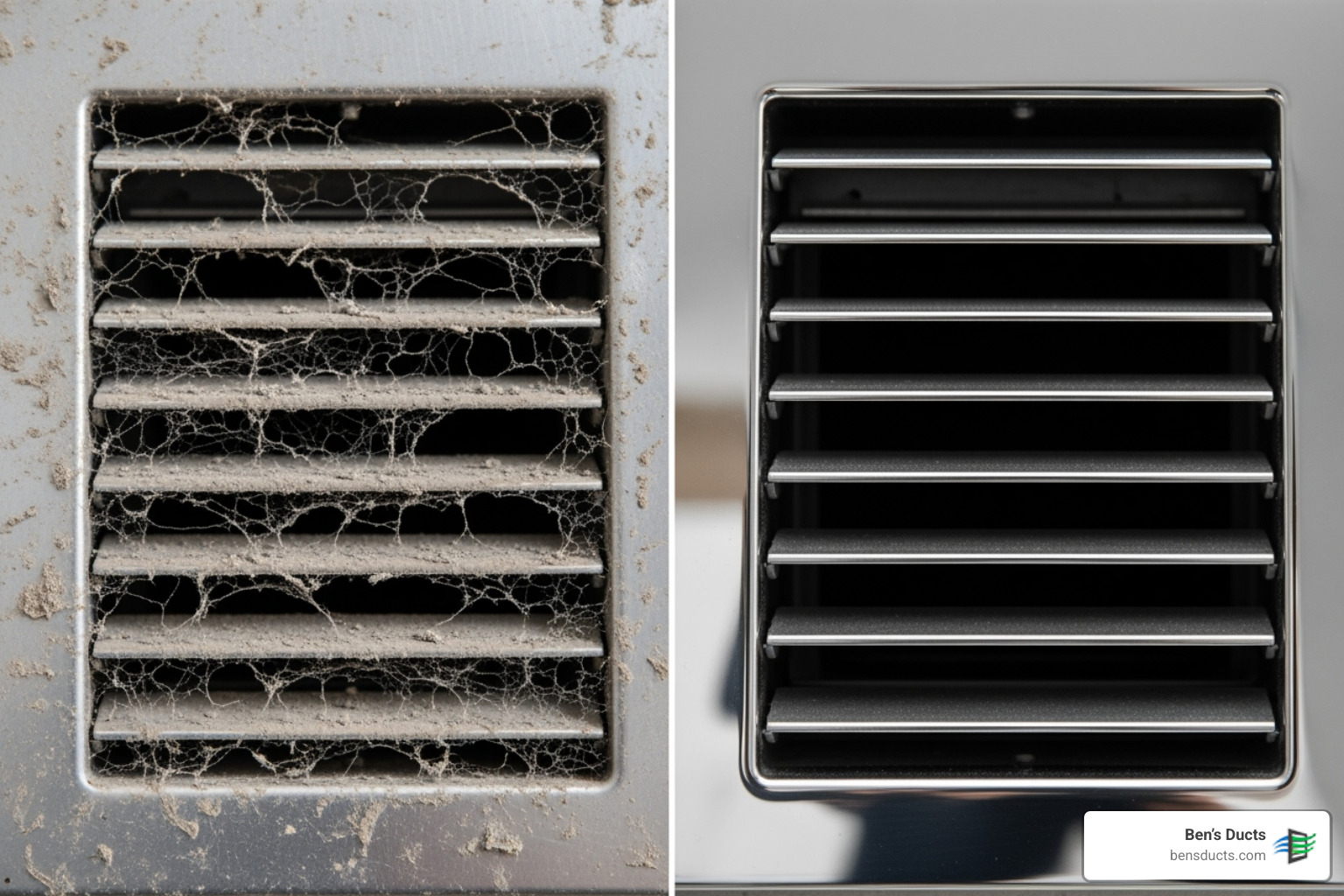Dusty air vent cover contrasted with a clean one - energy efficient air duct cleaning bay village