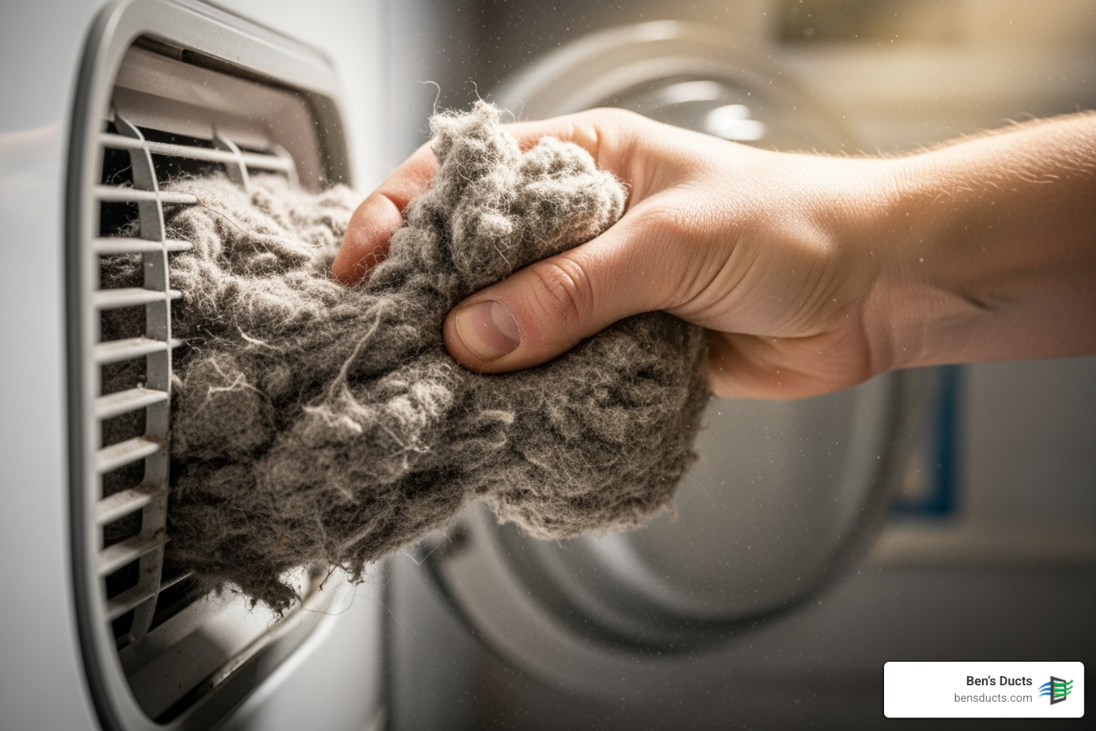 A hand pulling a large, dense clump of lint from a dryer vent opening - clean dryer vent without getting on roof