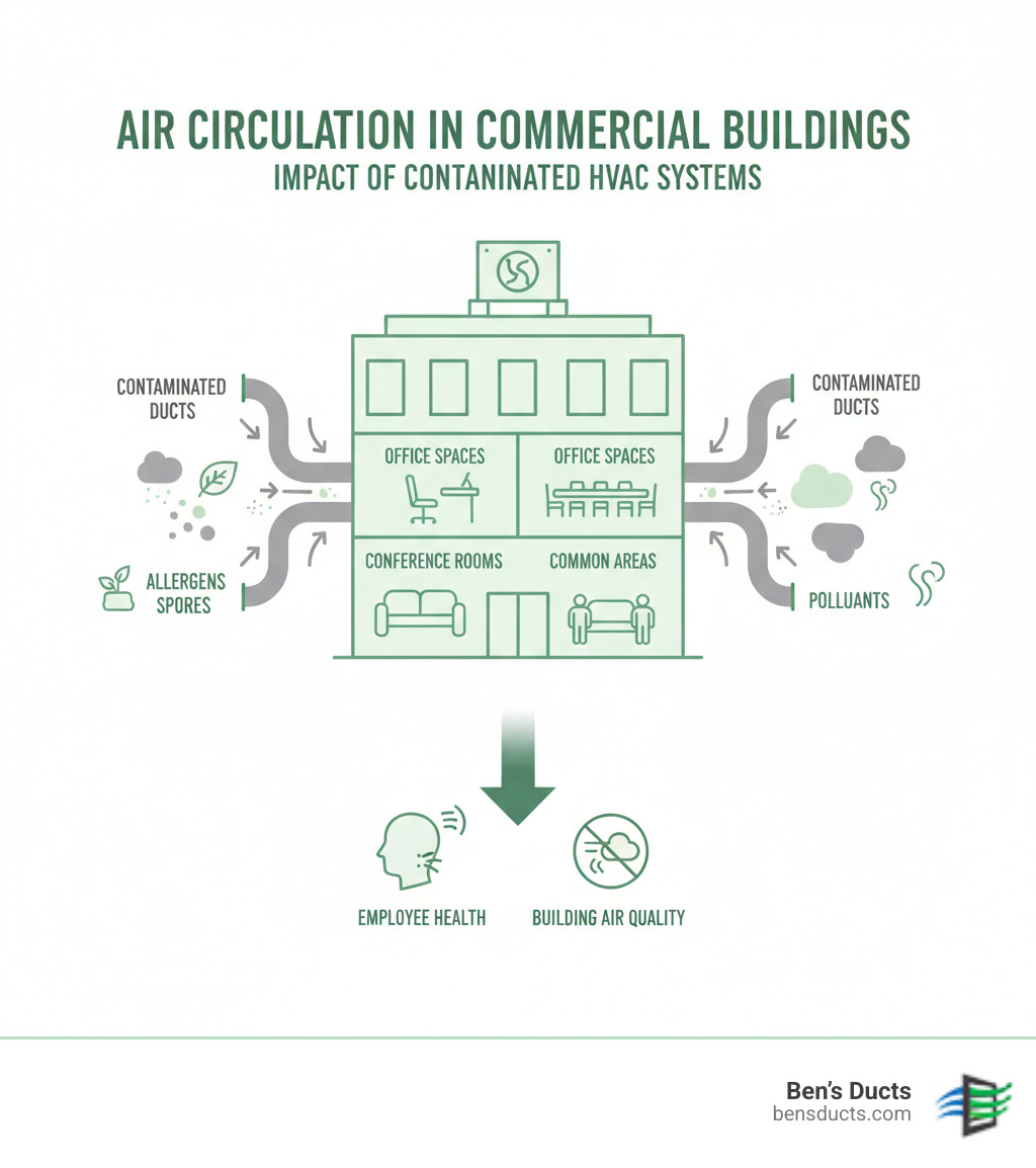 Infographic showing how dust, allergens, mold spores, and pollutants circulate through a commercial building's HVAC system, with arrows indicating air flow from contaminated ducts to office spaces, conference rooms, and common areas, highlighting the impact on employee health and building air quality - business air duct cleaning berea infographic 