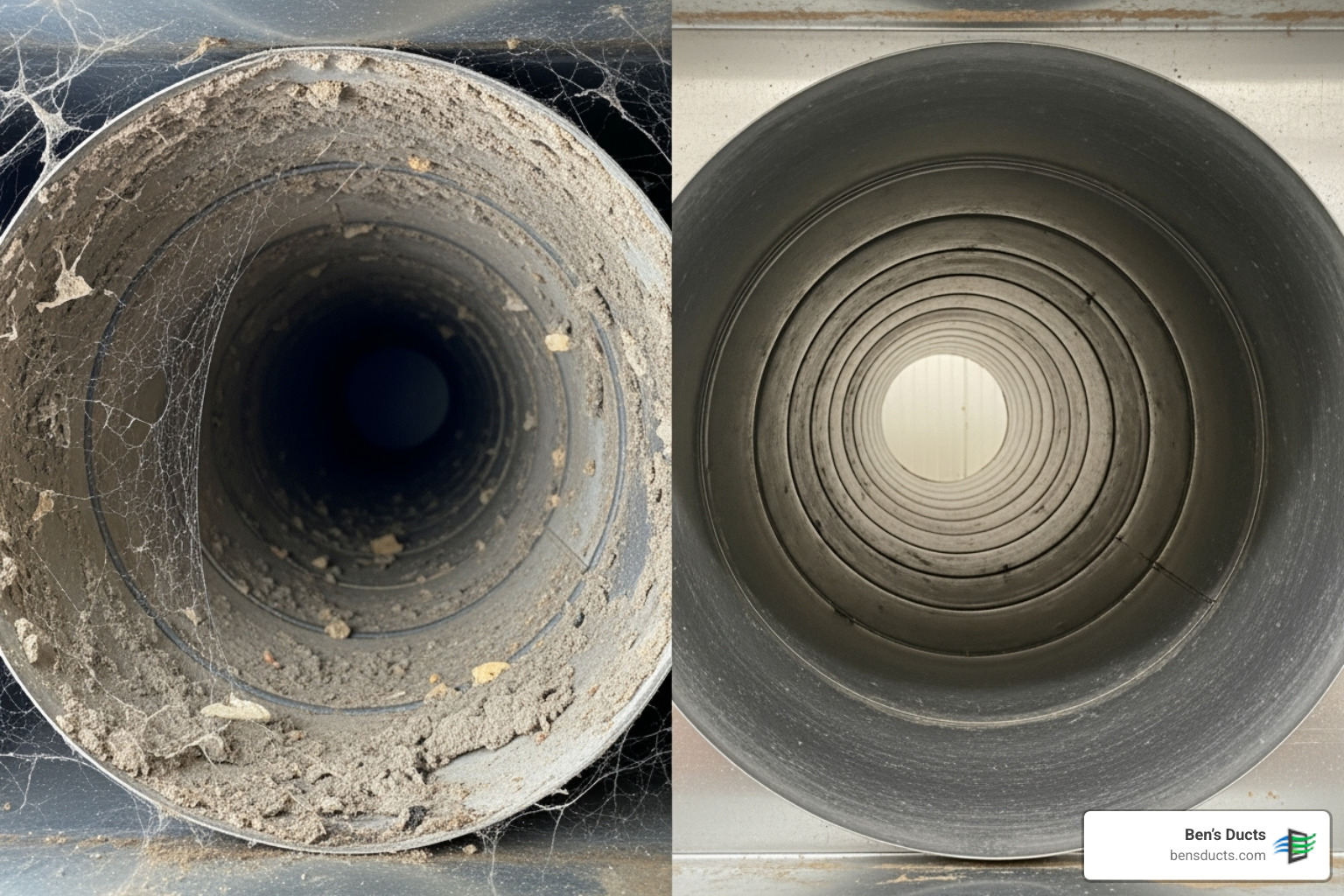 side-by-side comparison of dirty and clean air ducts - duct maintenance service strongsville