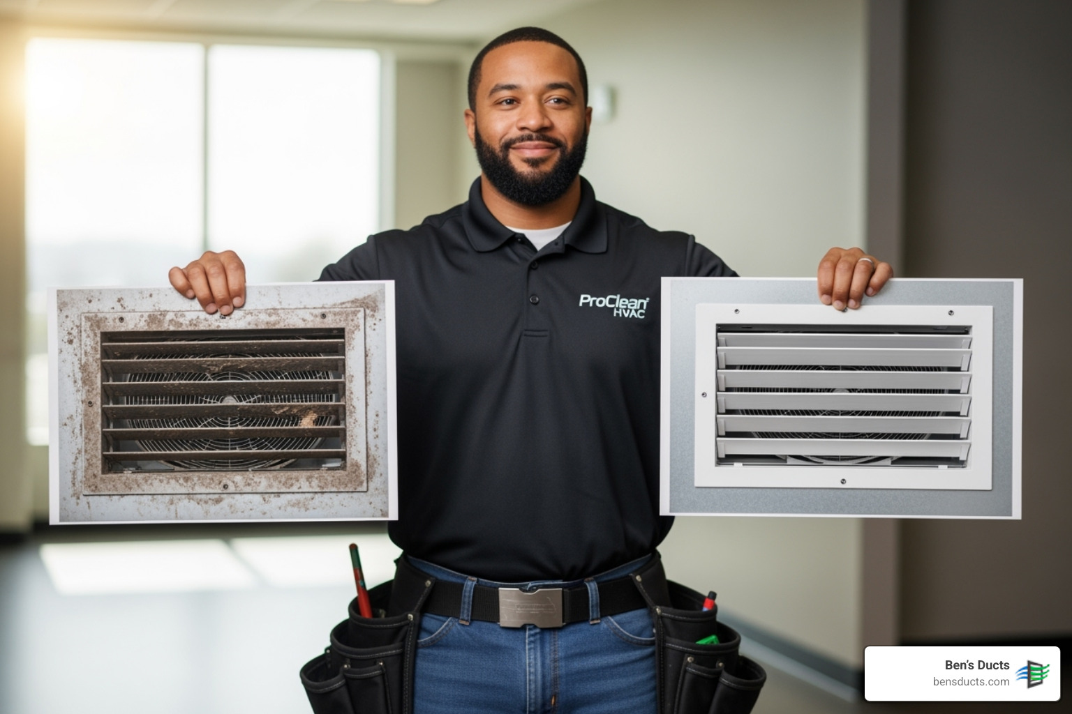 technician showing before-and-after vent photos - commercial vent cleaning cleveland