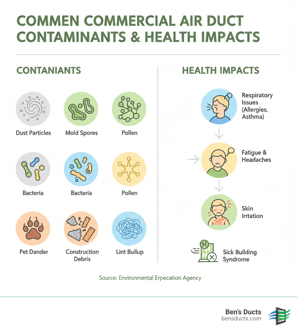 Infographic showing common commercial air duct contaminants including dust particles, mold spores, bacteria, pollen, pet dander, construction debris, and lint buildup with health impact indicators - commercial vent cleaning cleveland infographic 