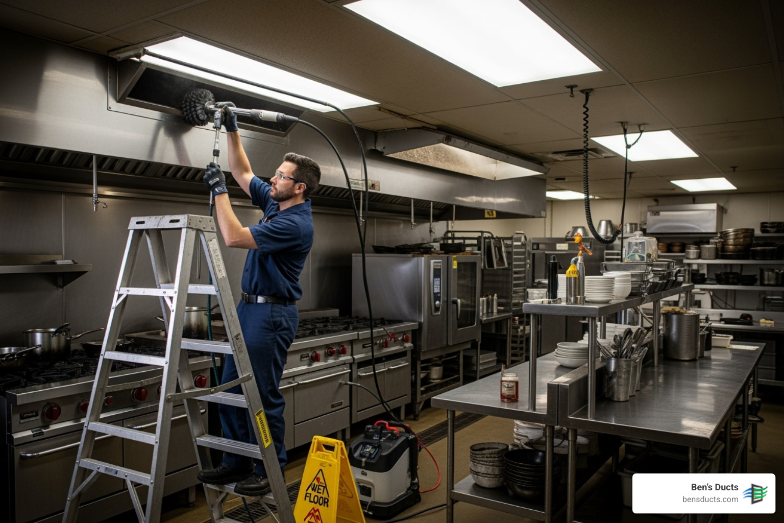 professional technician using specialized vent cleaning equipment in a commercial setting - commercial vent cleaning cleveland