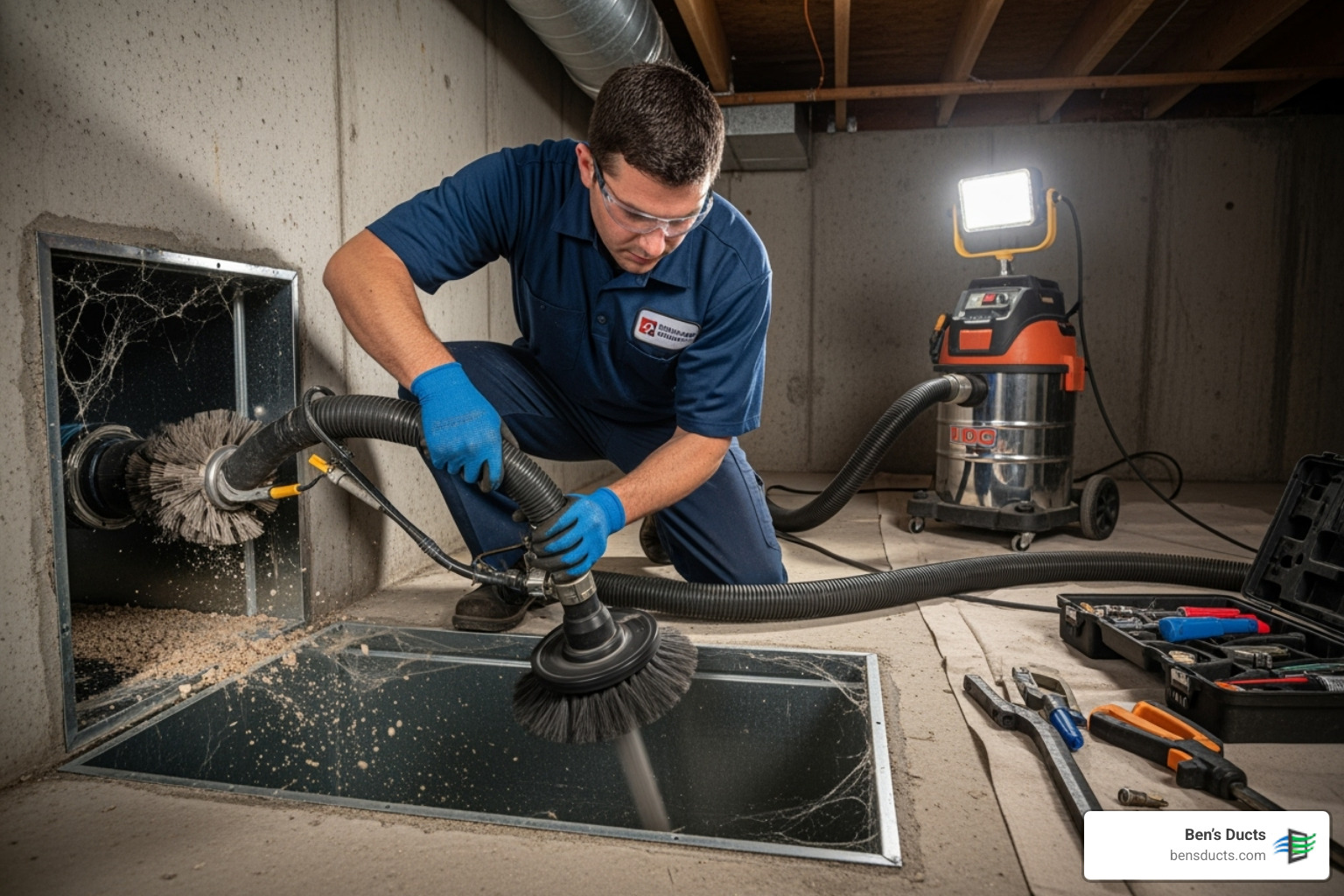 professional technician using a high-powered vacuum and brush system on an air duct - suburban air duct cleaning independence