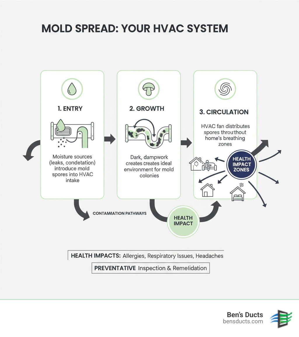 Detailed infographic showing how mold spores enter HVAC systems through moisture sources, grow in dark duct environments, and circulate throughout homes via air circulation, with arrows indicating contamination pathways and health impact zones - mold remediation air ducts berea infographic 