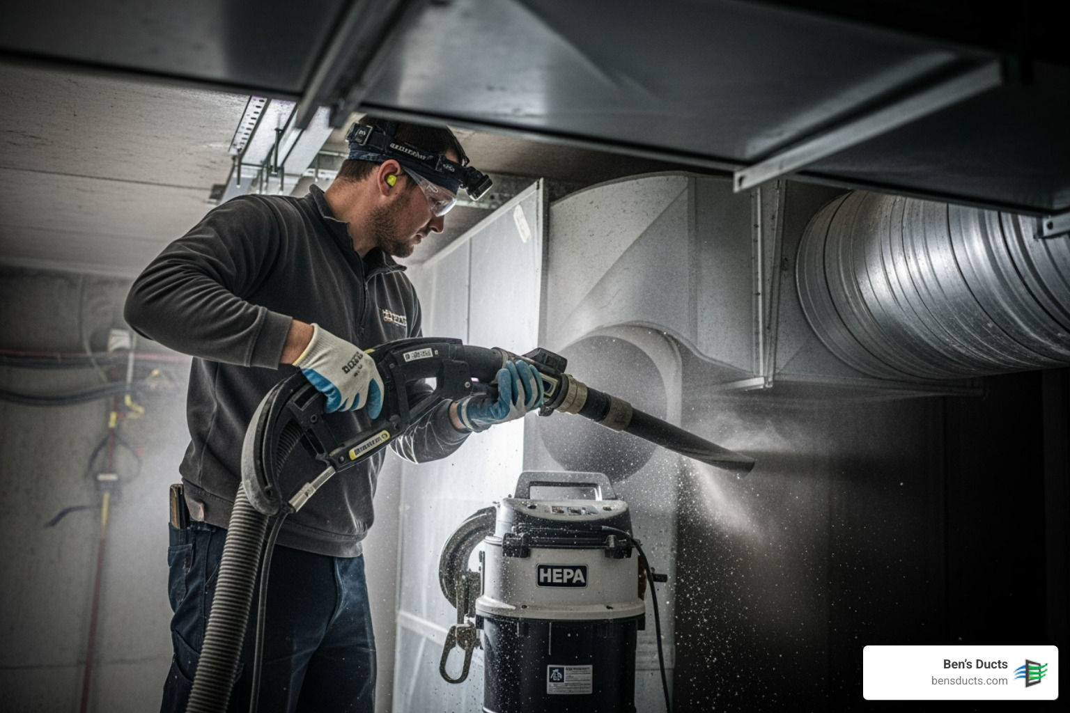 Technician using professional HEPA vacuum equipment on an air duct - mold remediation air ducts berea