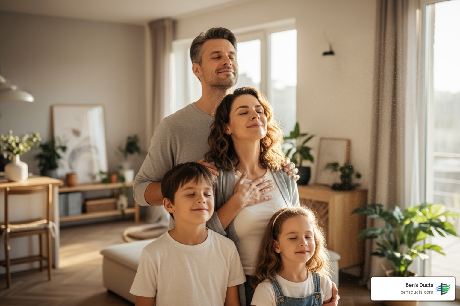 Happy family breathing clean air in their home - mold remediation air ducts berea