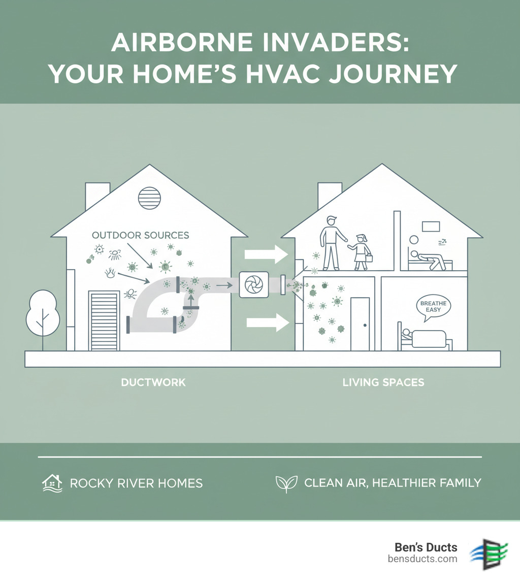 detailed infographic showing dust and allergens traveling through HVAC system from outdoor sources through ductwork and into home living spaces with family members - hvac duct cleaning rocky river infographic 