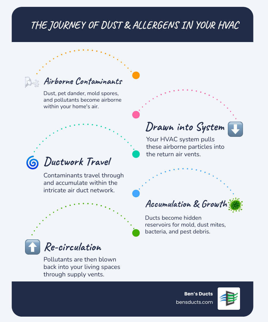 Infographic explaining the journey of dust and allergens through a home's HVAC system - emergency air duct cleaning avon lake infographic infographic-line-5-steps-blues-accent_colors
