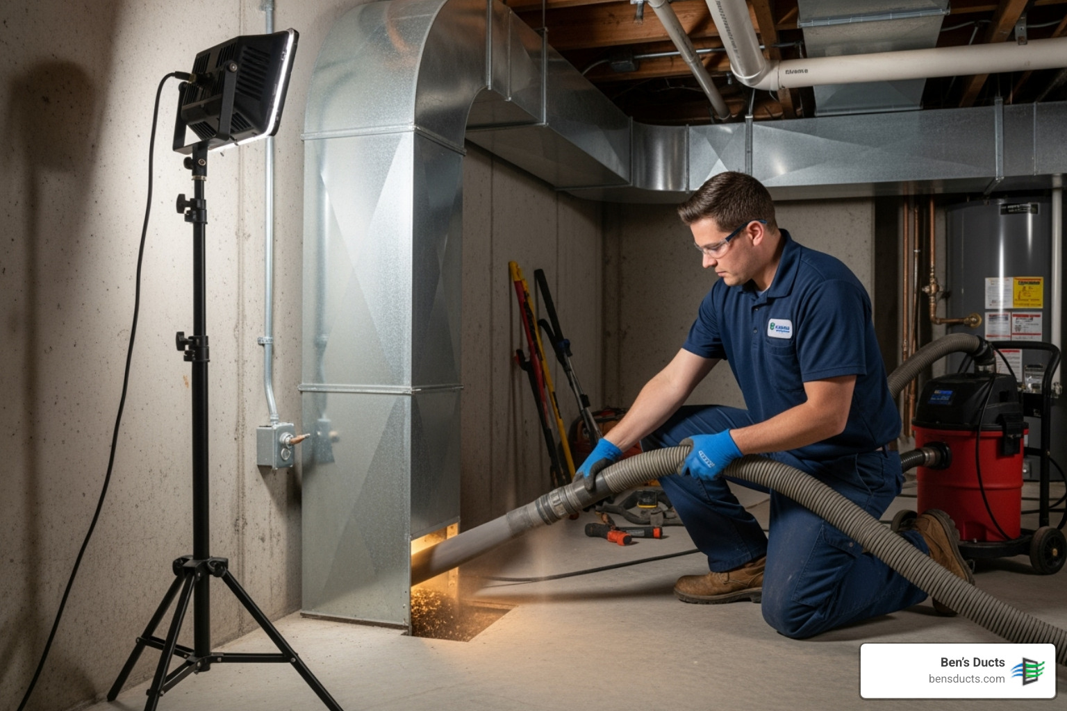 Image of a professional technician using a high-powered vacuum system on a home's main duct line - emergency air duct cleaning avon lake