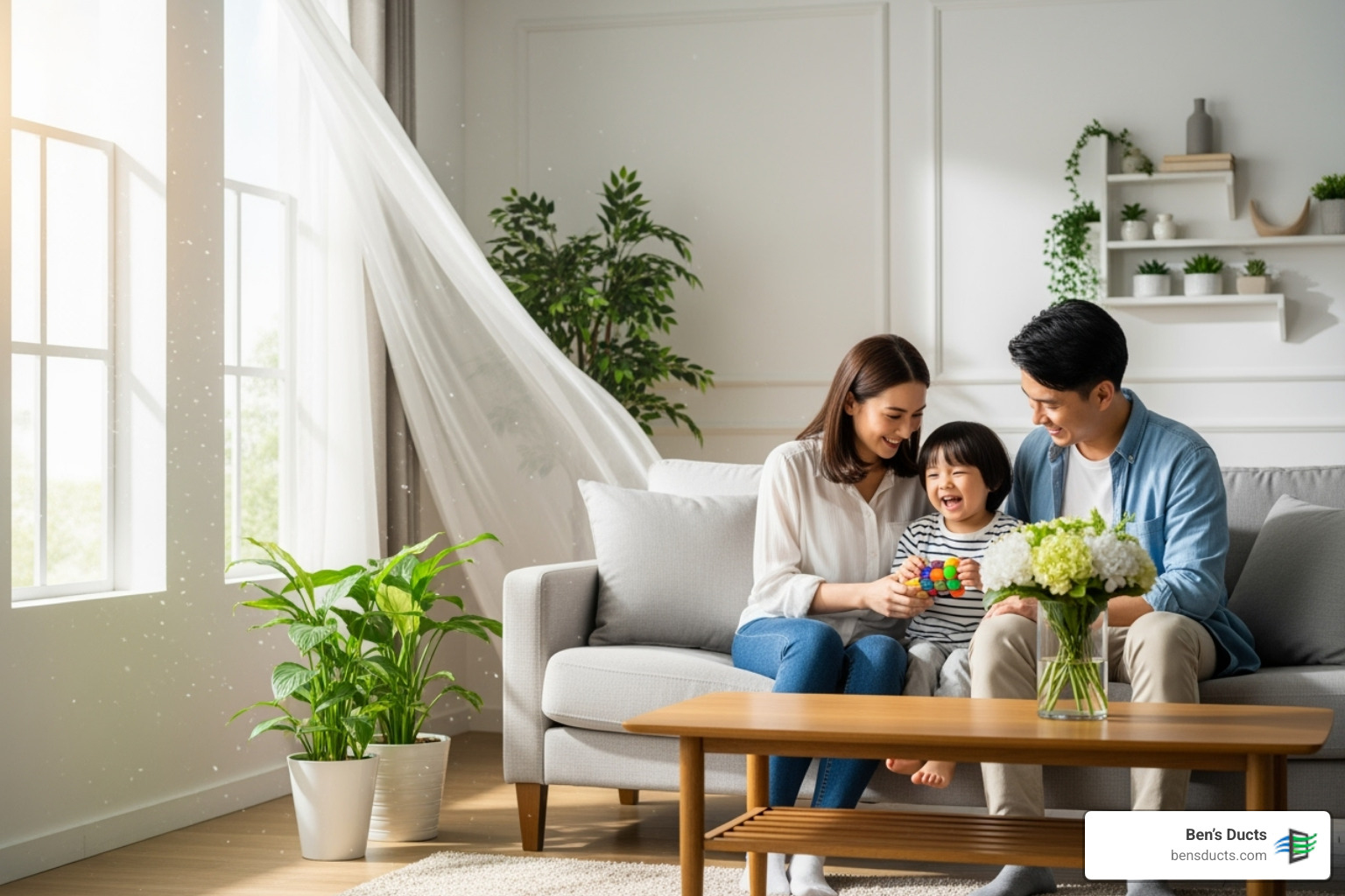 Family breathing easily in a clean, bright home - allergy relief air duct cleaning avon