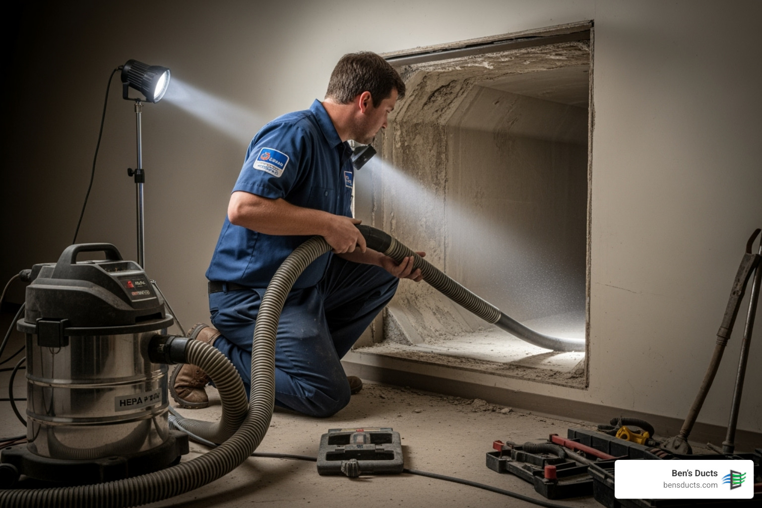 Professional technician using a HEPA-filtered vacuum on an air duct system - allergy relief air duct cleaning avon