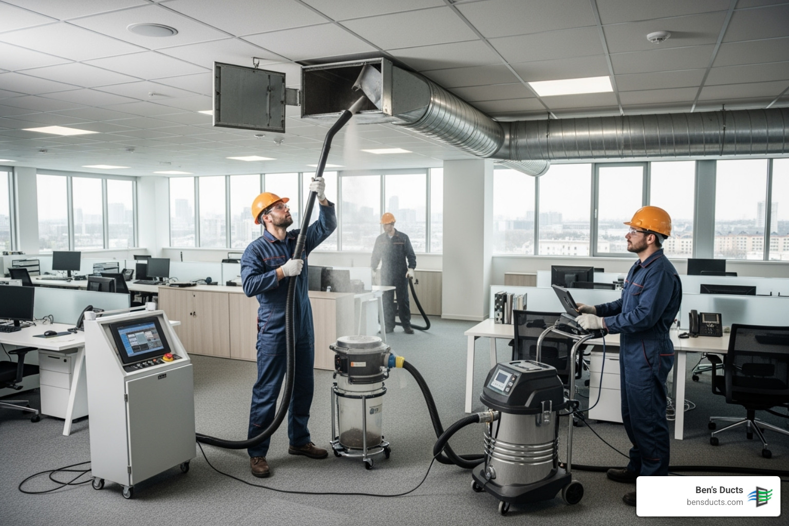 Technicians using high-powered vacuum equipment in an office - business air duct cleaning independence Technicians using high-powered vacuum equipment in an office - business air duct cleaning independence