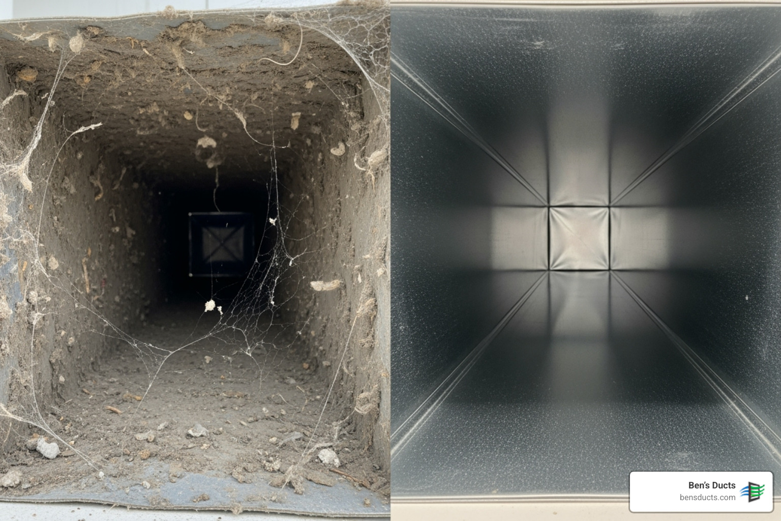 Before and after comparison of a dirty vs clean air duct - business air duct cleaning independence Before and after comparison of a dirty vs clean air duct - business air duct cleaning independence