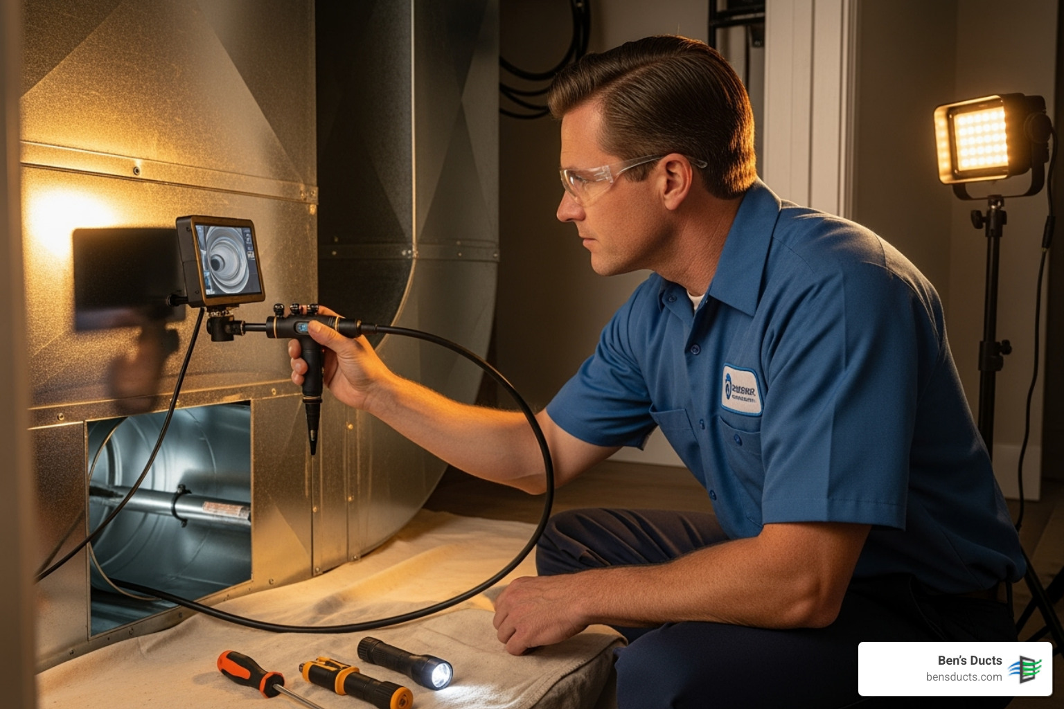 A professional technician inspecting ductwork with specialized equipment - preventive duct cleaning cleveland A professional technician inspecting ductwork with specialized equipment - preventive duct cleaning cleveland