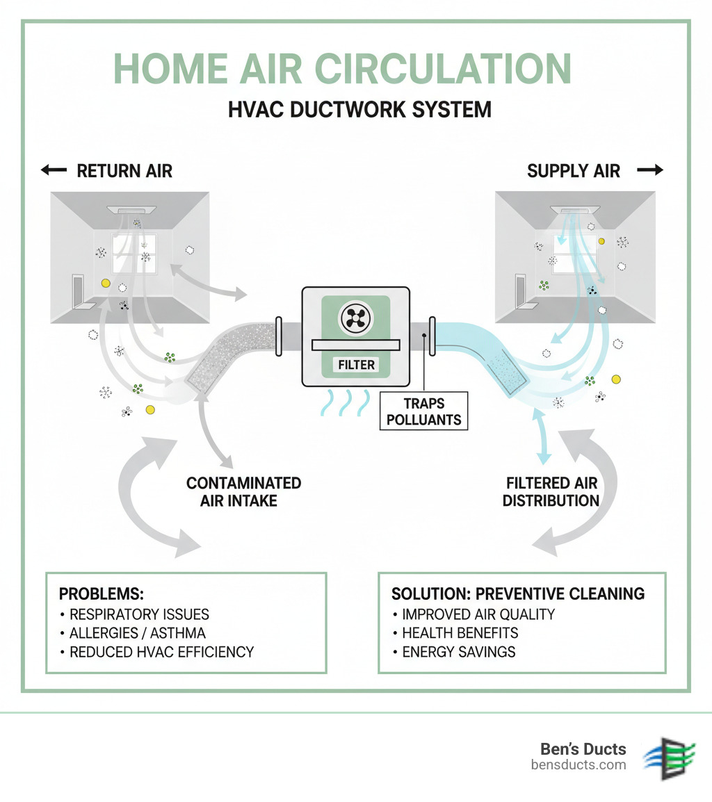 Detailed infographic showing how dust, allergens, pollen, and mold spores circulate through a home's HVAC ductwork system, with arrows indicating airflow patterns and contamination buildup in supply and return ducts - preventive duct cleaning cleveland infographic  Detailed infographic showing how dust, allergens, pollen, and mold spores circulate through a home's HVAC ductwork system, with arrows indicating airflow patterns and contamination buildup in supply and return ducts - preventive duct cleaning cleveland infographic