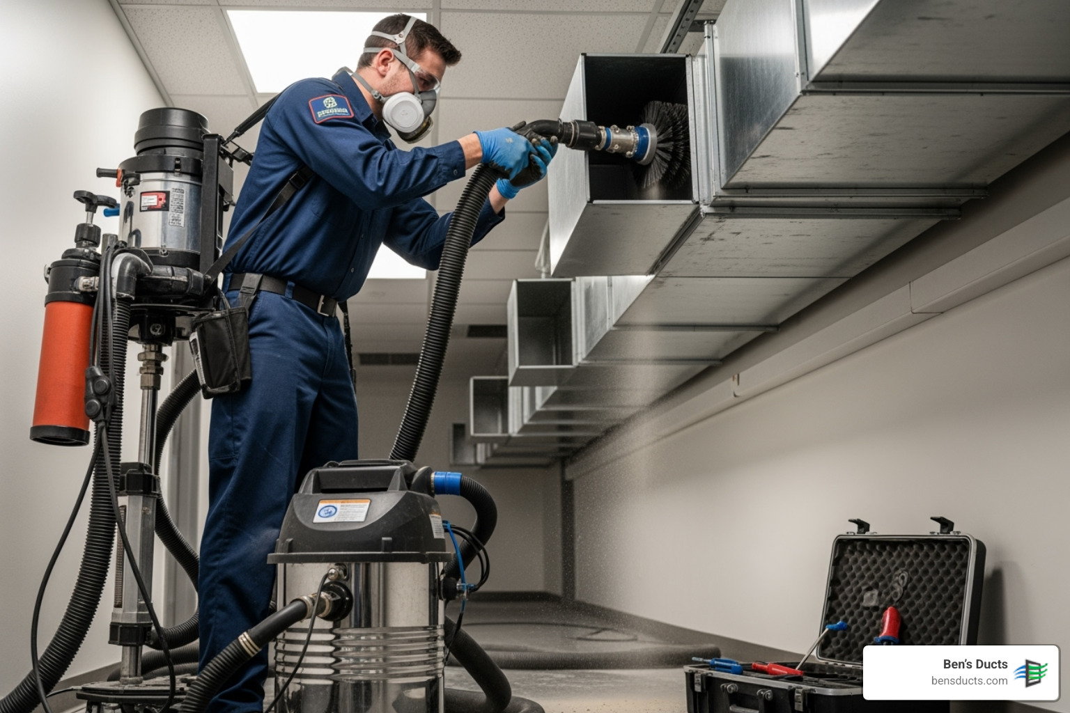 Uniformed technician using professional air duct cleaning equipment - spring air duct cleaning westlake Uniformed technician using professional air duct cleaning equipment - spring air duct cleaning westlake