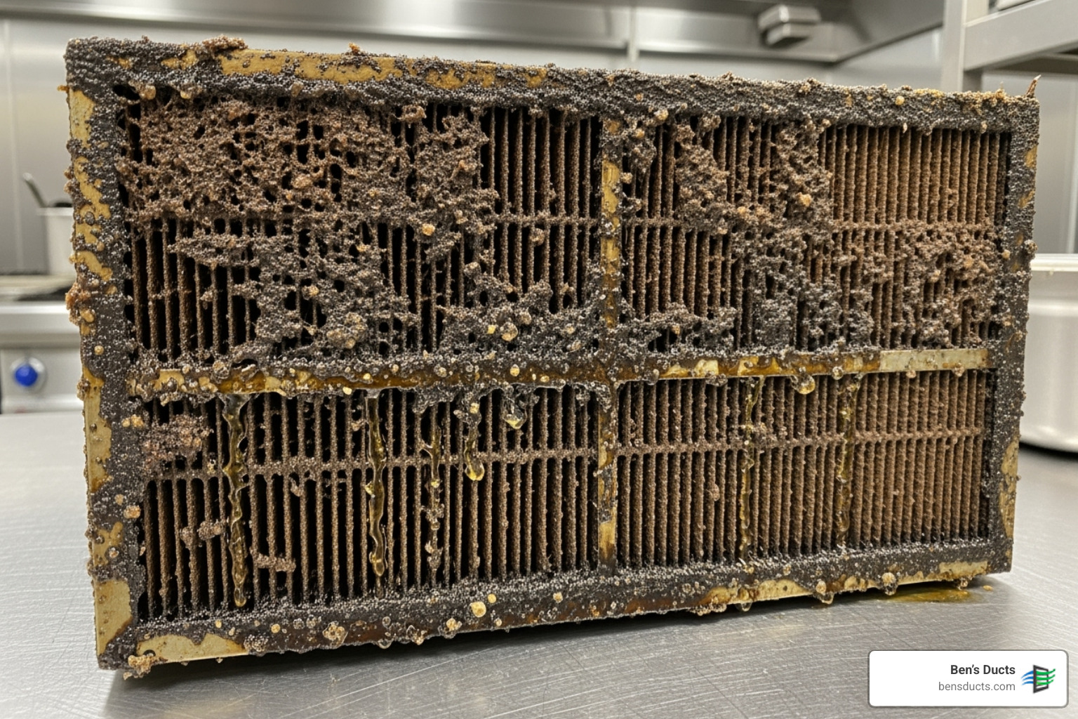 A dangerously dirty, grease-caked exhaust filter removed from a commercial kitchen ventilation system. - restaurant vent cleaning elyria A dangerously dirty, grease-caked exhaust filter removed from a commercial kitchen ventilation system. - restaurant vent cleaning elyria