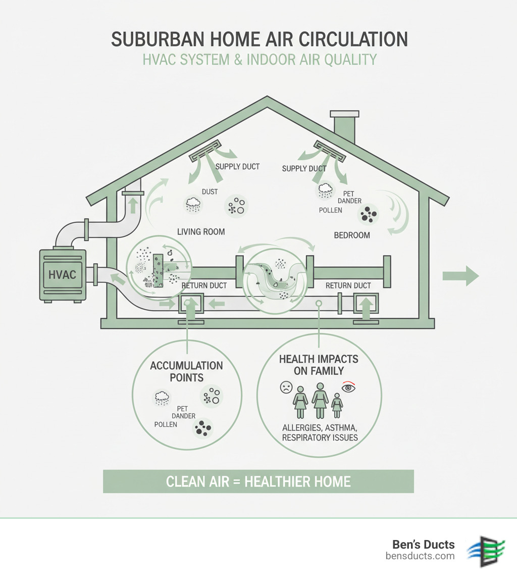 Comprehensive infographic showing how dust, pet dander, pollen, and mold spores circulate through a suburban home's HVAC system, with arrows indicating airflow paths from supply ducts through living spaces to return ducts, highlighting accumulation points and health impacts on family members - suburban duct cleaning brecksville infographic 