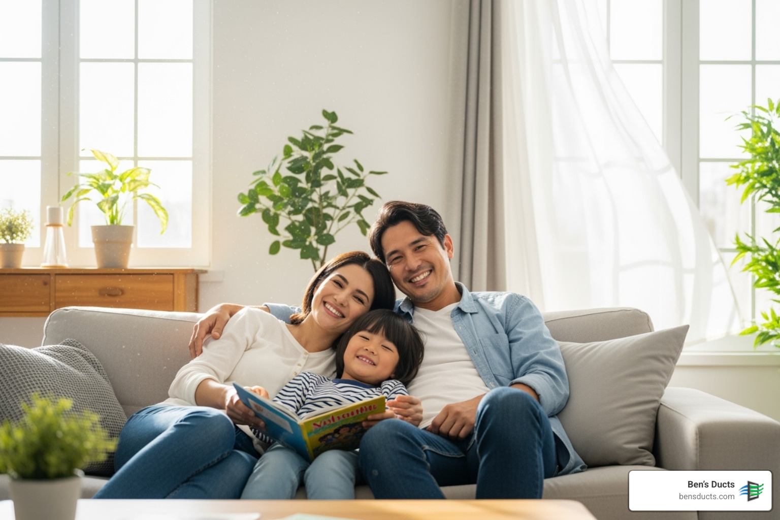 of a happy family breathing clean air in their home - mold remediation air ducts brecksville