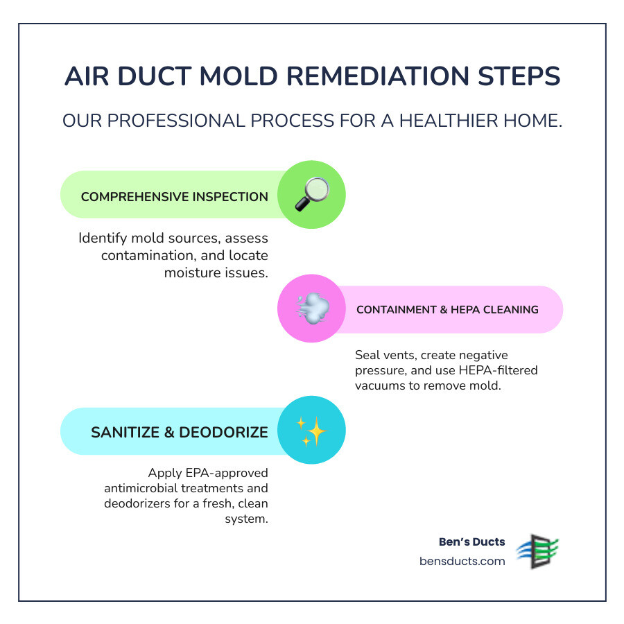 Infographic showing the step-by-step mold remediation process for air ducts including inspection, containment with negative pressure, HEPA-filtered cleaning, antimicrobial treatment, and post-remediation verification, with icons representing each stage and health benefits like reduced allergens and improved air quality - mold remediation air ducts brecksville infographic infographic-line-3-steps-colors