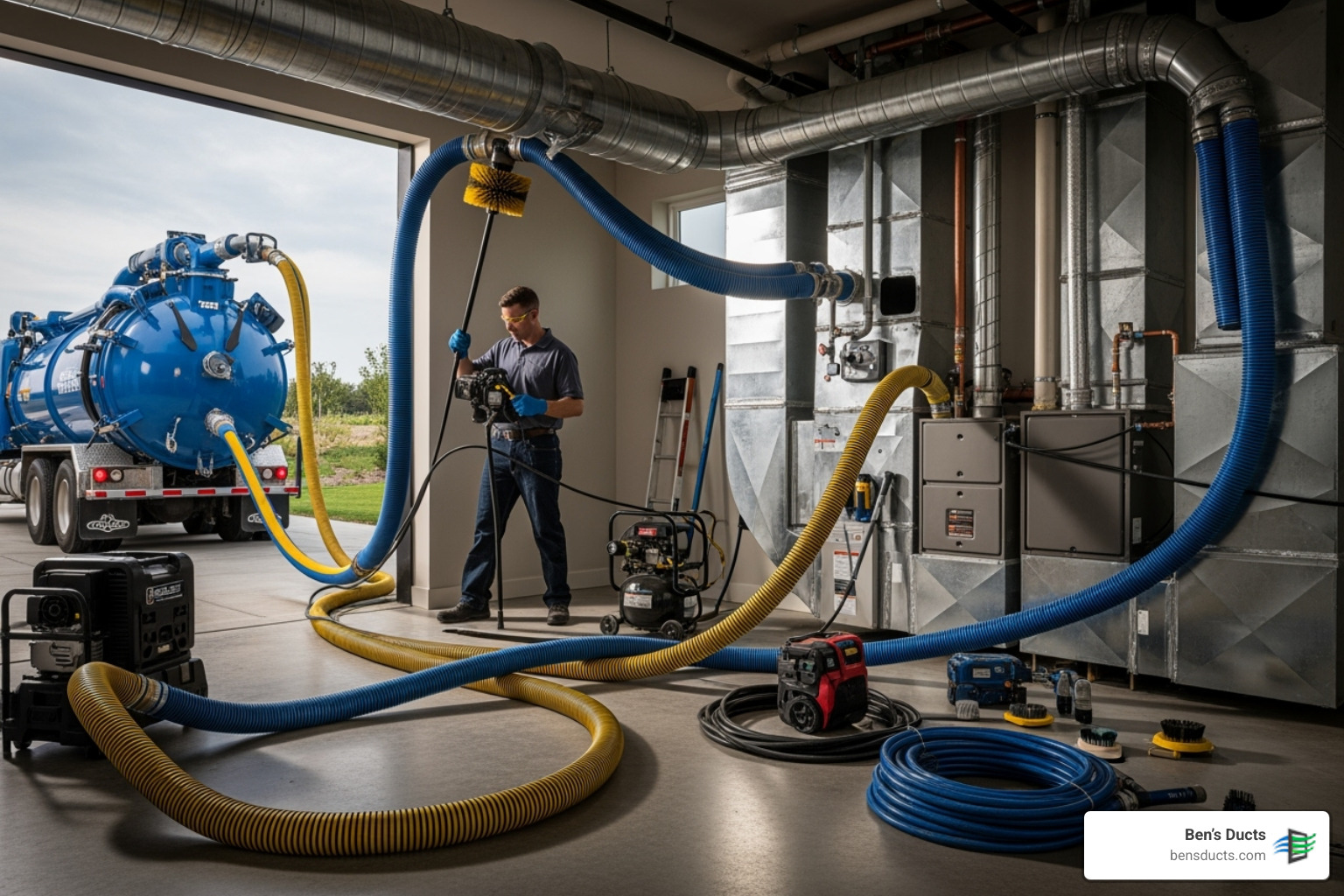 of professional air duct cleaning equipment connected to a home's HVAC system - mold remediation air ducts brecksville