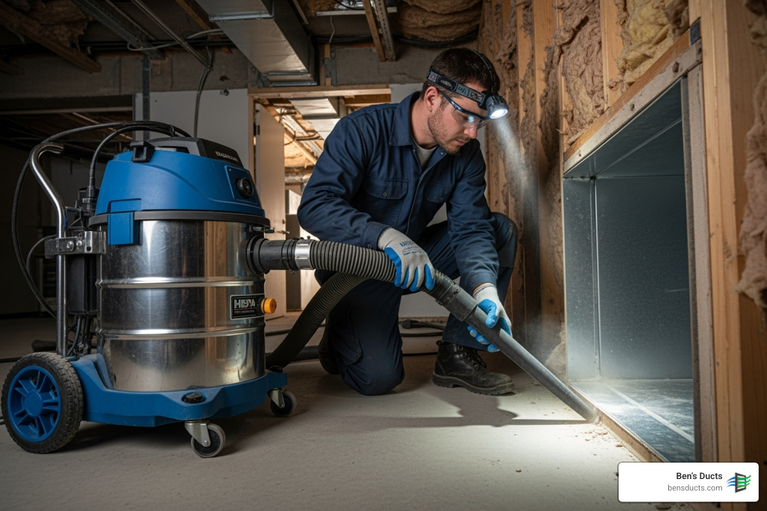 technician using a professional HEPA vacuum on an air duct - allergen removal avon lake