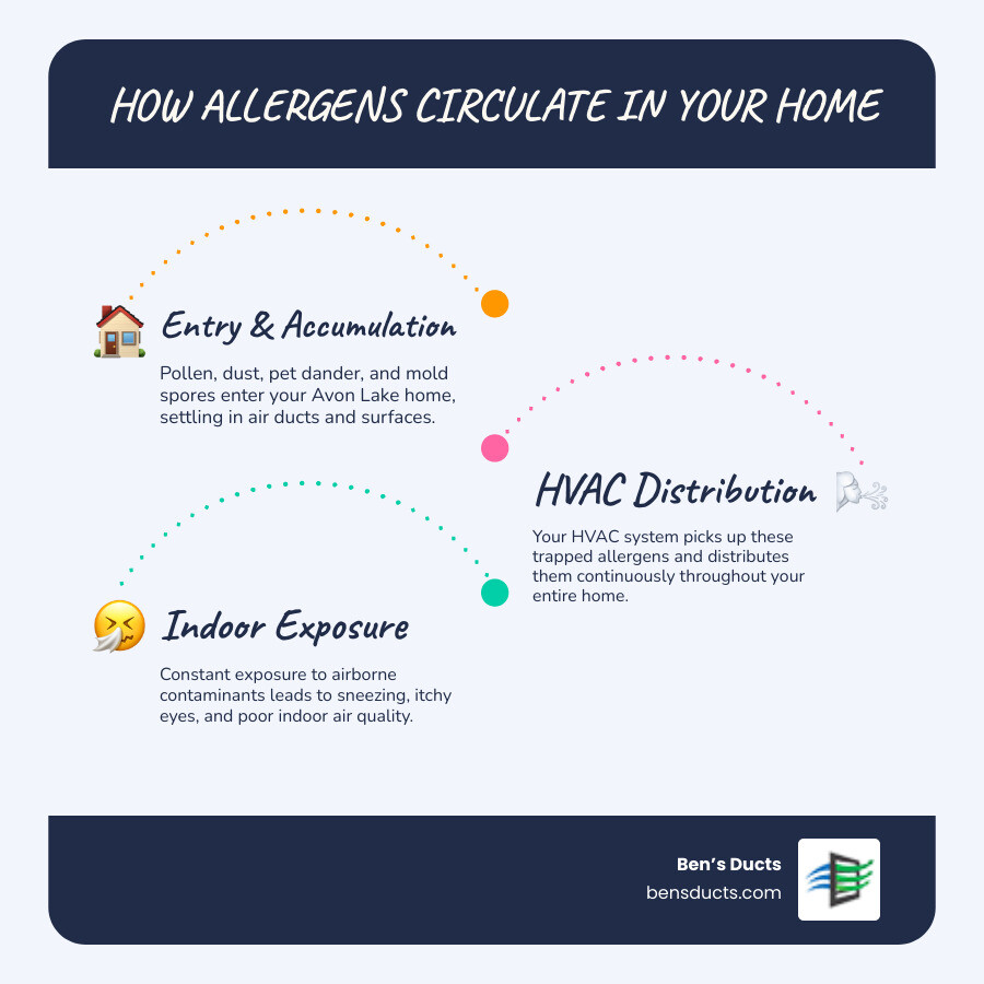 Detailed infographic showing common household allergens like dust mites, pet dander, pollen, and mold spores circulating through home air ducts and HVAC vents, with arrows indicating airflow patterns and highlighting how professional cleaning removes these contaminants - allergen removal avon lake infographic infographic-line-3-steps-blues-accent_colors