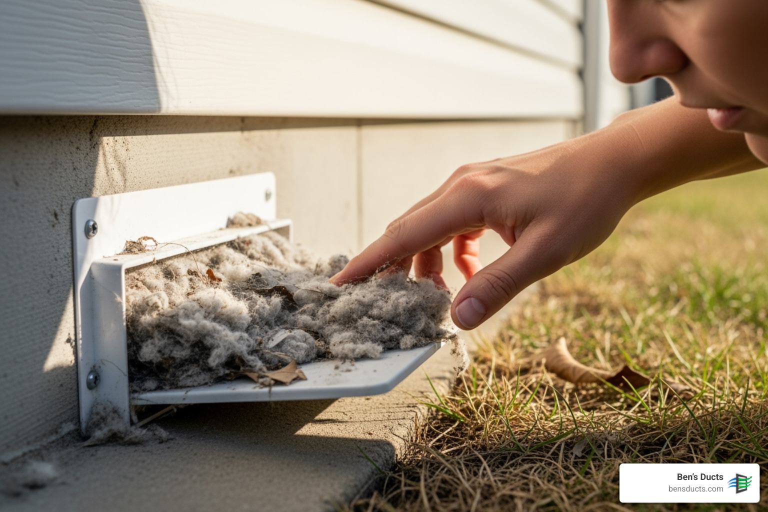person inspecting exterior dryer vent flap blocked by lint - how often should dryer vent be cleaned