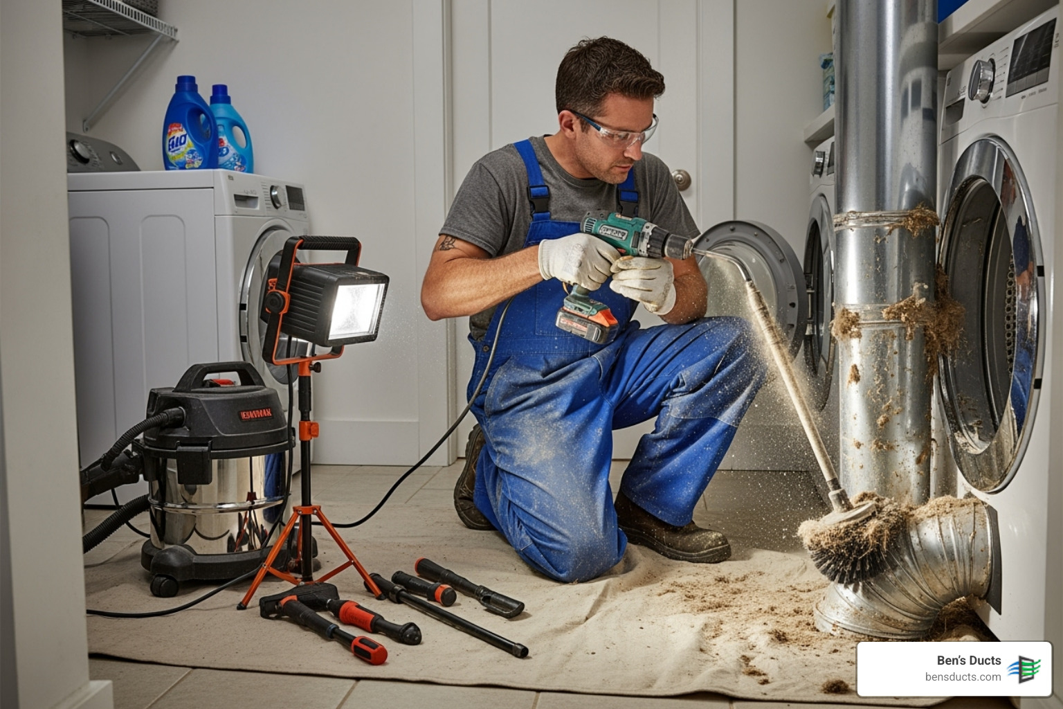 technician using a professional rotary brush tool inside a dryer vent - how often should dryer vent be cleaned