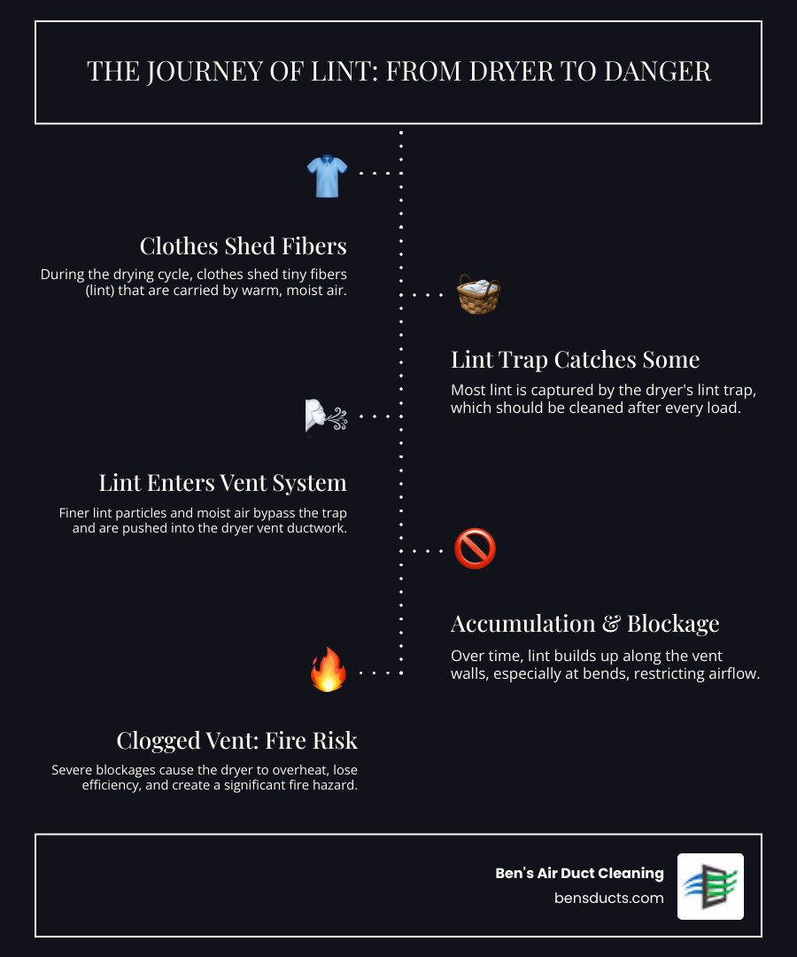 Infographic showing the journey of lint from inside the dryer drum, through the lint trap, into the dryer vent ductwork, and finally to the exterior vent opening, with warning indicators showing where dangerous buildup occurs at each stage - residential dryer vent cleaning berea oh infographic infographic-line-5-steps-dark Infographic showing the journey of lint from inside the dryer drum, through the lint trap, into the dryer vent ductwork, and finally to the exterior vent opening, with warning indicators showing where dangerous buildup occurs at each stage - residential dryer vent cleaning berea oh infographic infographic-line-5-steps-dark