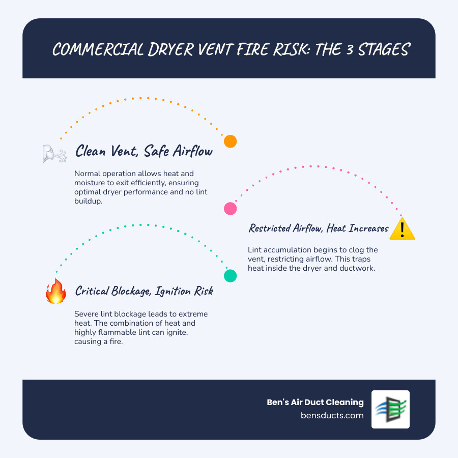 Infographic showing how lint accumulation in a commercial dryer vent creates a fire hazard, with three stages: normal airflow with clean vent, restricted airflow with lint buildup causing heat to increase, and critical blockage where trapped heat and lint create ignition risk, plus statistics showing dryer fires as the number two cause of commercial fires - commercial dryer vent cleaning cleveland oh infographic infographic-line-3-steps-blues-accent_colors