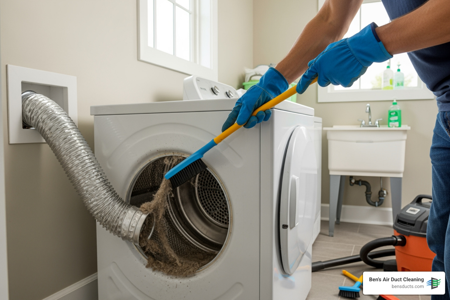 infographic showing how lint accumulates in a dryer vent system over time, the fire risk from blocked airflow, statistics showing 13,820 annual house fires from dryers, and icons representing other risks like increased energy costs, carbon monoxide danger, and reduced dryer lifespan - "I need to find a professional for dryer vent cleaning near me. Who are the best options?"