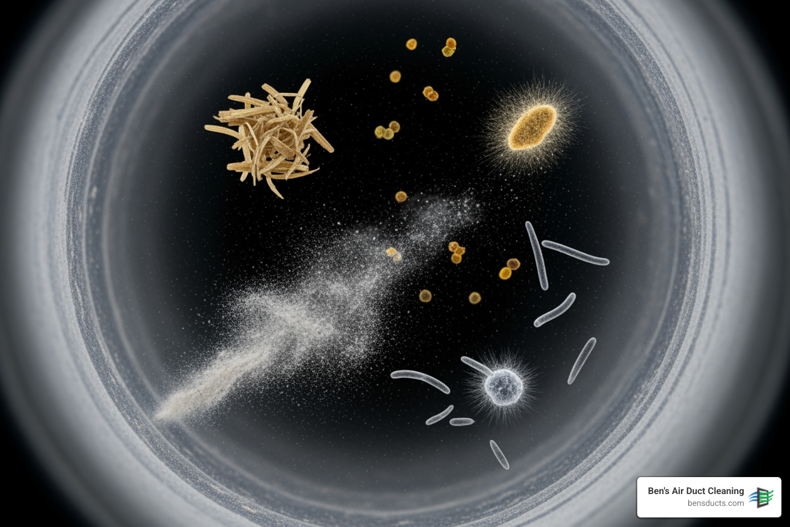 Infographic showing the top 5 contaminants found in residential air ducts: dust and debris, pet dander, mold spores, pollen and allergens, and bacteria - residential air duct cleaning strongsville oh