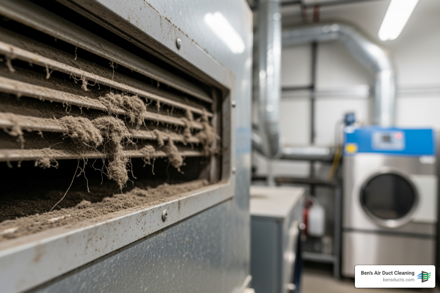 infographic showing the progression of lint buildup in commercial dryer vents, fire risk statistics, health hazards including mold and carbon monoxide, efficiency impacts on energy costs and drying times, and recommended cleaning frequency for different business types - commercial dryer vent cleaning strongsville oh