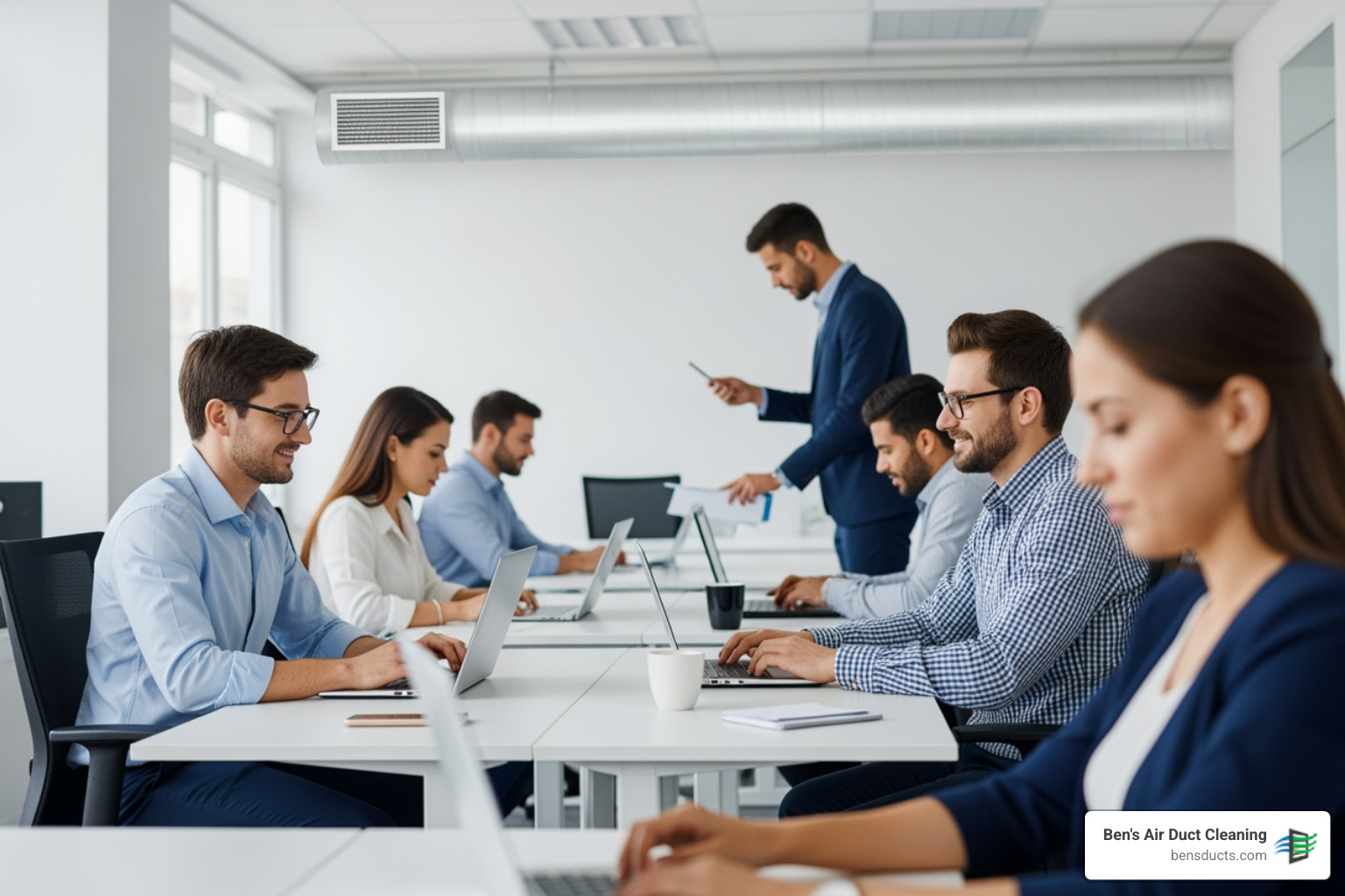 infographic showing three main benefits of commercial air duct cleaning: improved employee health with reduced allergens and fewer sick days, lower energy costs through improved HVAC efficiency up to 30 percent, and extended equipment lifespan through reduced strain on heating and cooling systems - best commercial air duct cleaning in berea, oh