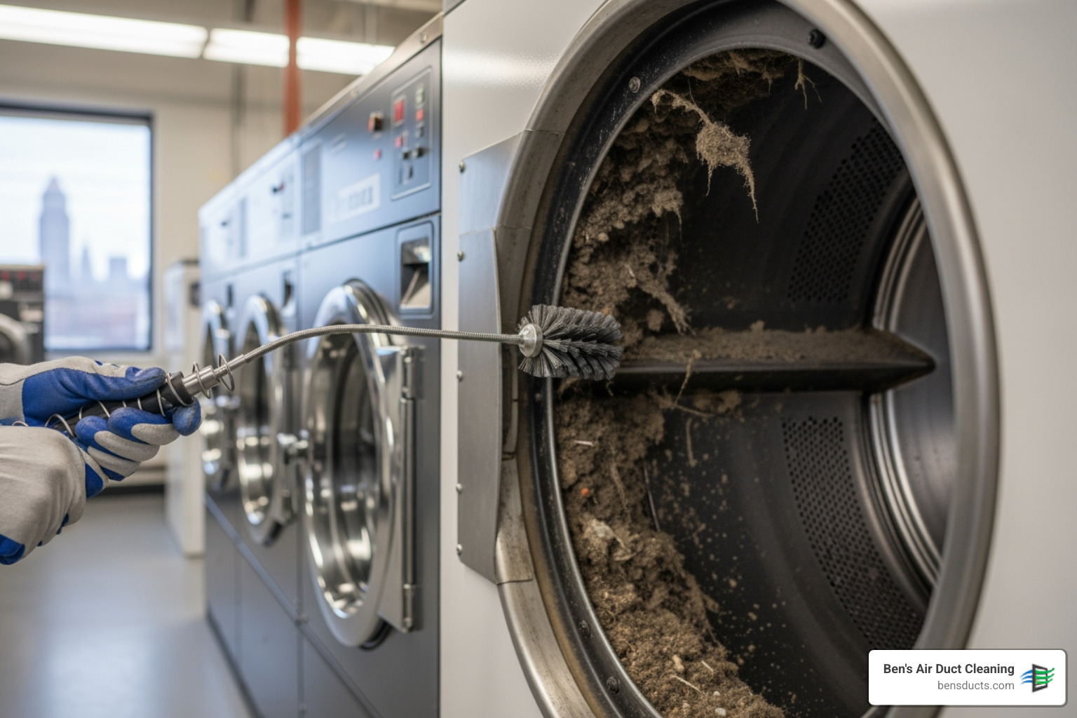 Infographic showing how lint accumulation in a commercial dryer vent system restricts airflow, causes overheating, and creates fire hazards, with statistics on annual dryer fires and the benefits of professional cleaning including improved safety, energy efficiency, and equipment longevity - commercial dryer vent cleaning near me in cleveland, oh