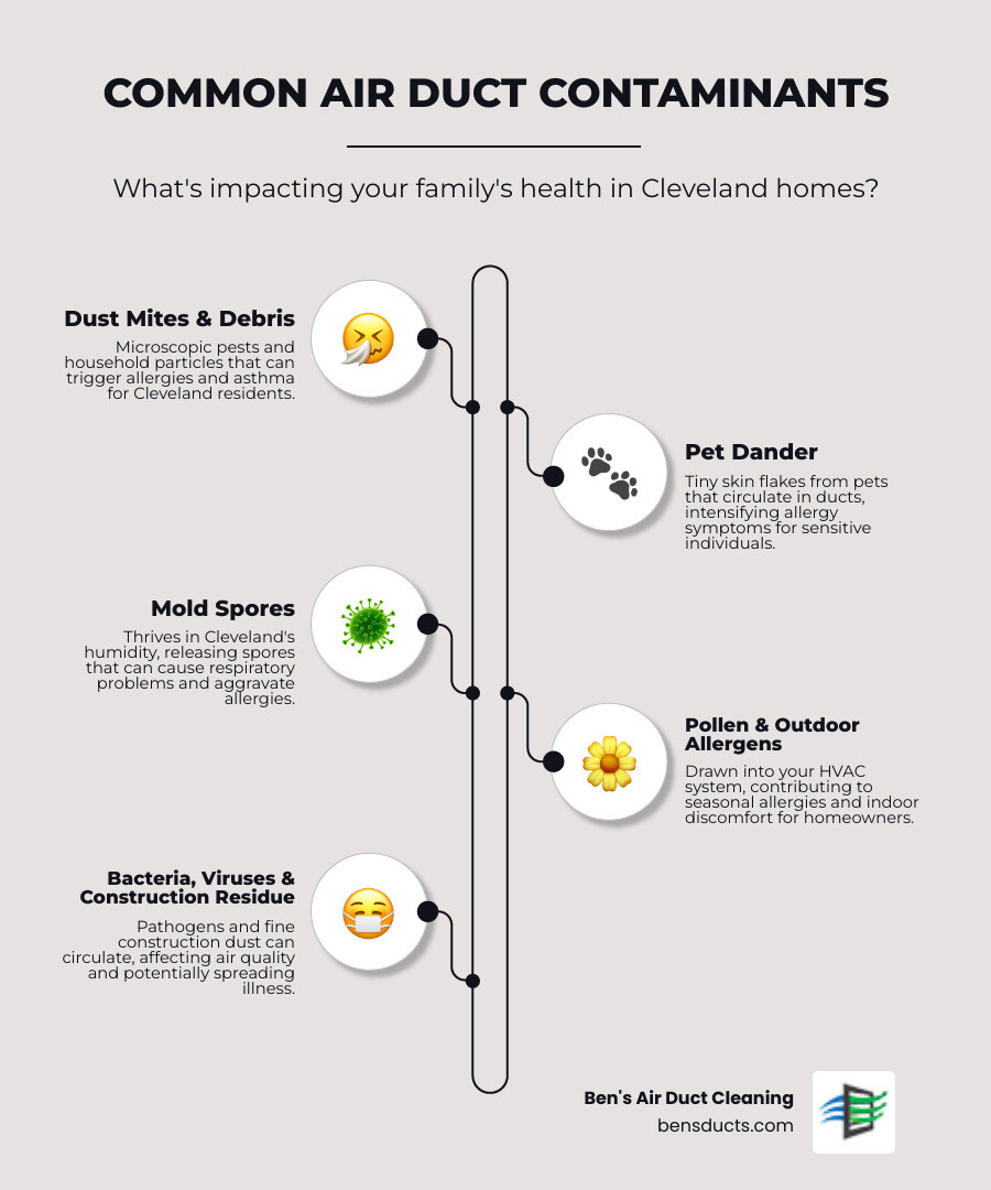 Infographic showing common residential air duct contaminants including dust mites, pet dander, mold spores, pollen, carpet fibers, bacteria, viruses, and construction debris, with icons representing each pollutant and their health impacts on Cleveland homeowners - best residential air duct cleaning in cleveland, oh infographic infographic-line-5-steps-elegant_beige