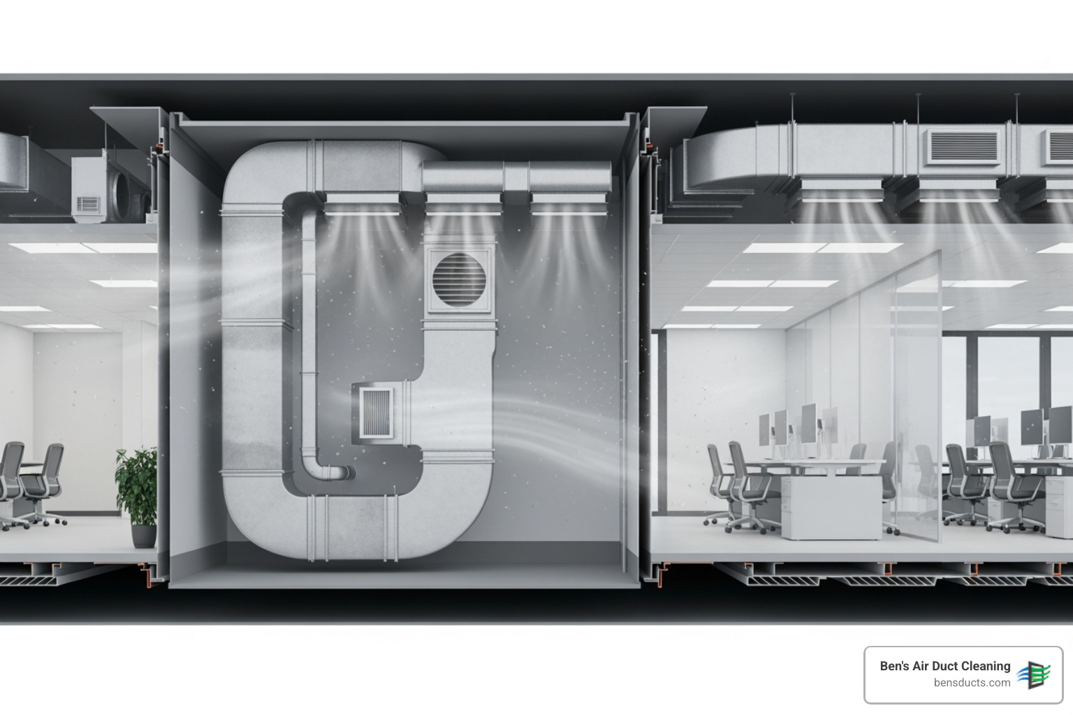 Infographic showing how pollutants circulate through a commercial HVAC system, from contaminated ducts through supply vents into occupied spaces, with arrows indicating the cycle of dust, allergens, bacteria, and mold spores being redistributed throughout a Cleveland commercial building - best commercial air duct cleaning in cleveland, oh Infographic showing how pollutants circulate through a commercial HVAC system, from contaminated ducts through supply vents into occupied spaces, with arrows indicating the cycle of dust, allergens, bacteria, and mold spores being redistributed throughout a Cleveland commercial building - best commercial air duct cleaning in cleveland, oh