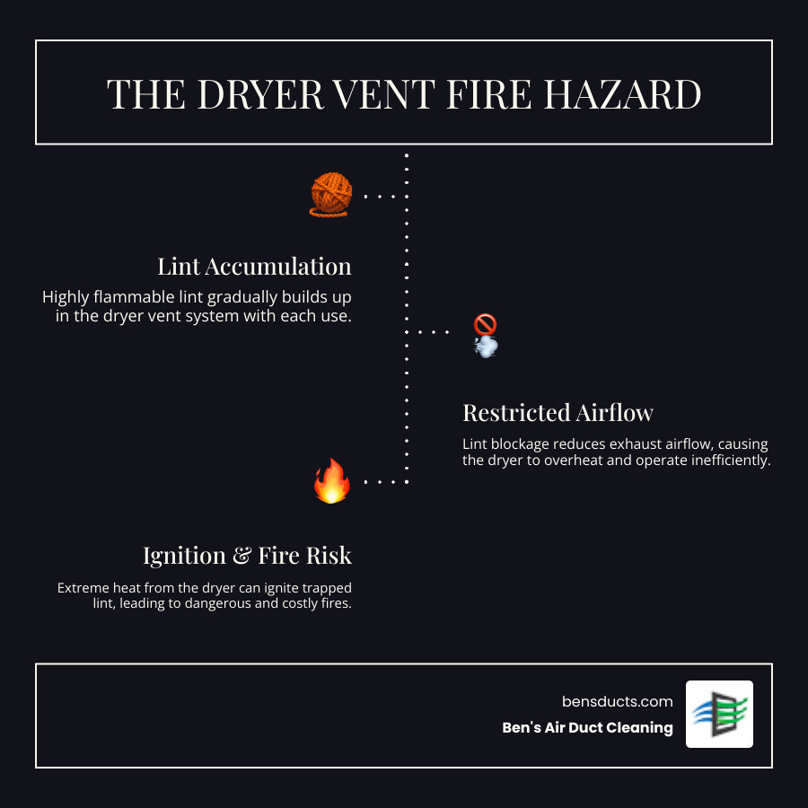 Infographic showing how lint accumulates in dryer vent systems, restricting airflow and creating heat buildup that can ignite trapped lint particles, with statistics showing that 15,000 dryer fires occur annually causing over $100 million in damage, and highlighting that one-third of these fires are caused by clogged vents - affordable commercial dryer vent cleaning in cleveland, oh infographic infographic-line-3-steps-dark Infographic showing how lint accumulates in dryer vent systems, restricting airflow and creating heat buildup that can ignite trapped lint particles, with statistics showing that 15,000 dryer fires occur annually causing over $100 million in damage, and highlighting that one-third of these fires are caused by clogged vents - affordable commercial dryer vent cleaning in cleveland, oh infographic infographic-line-3-steps-dark
