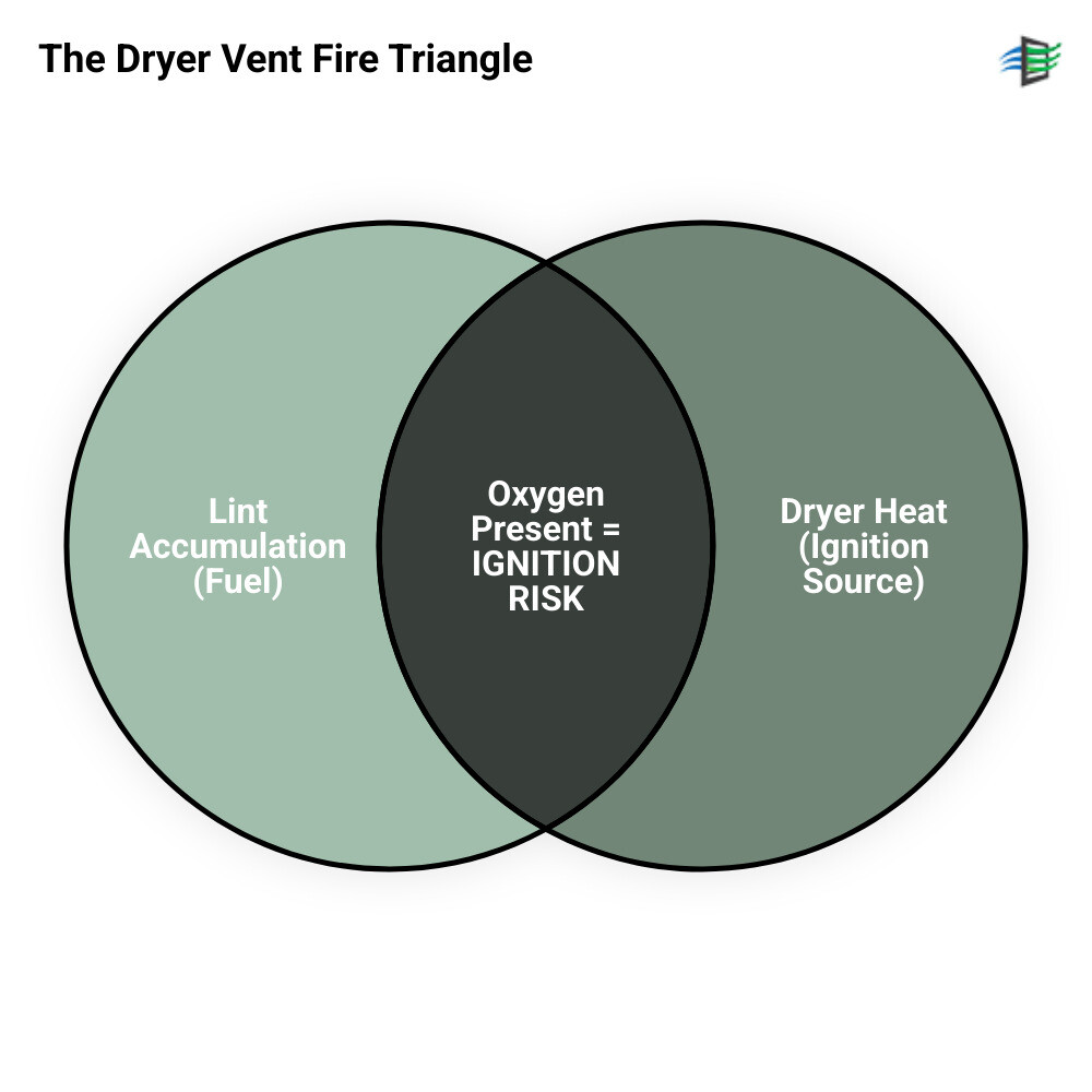 infographic showing the fire triangle in dryer vents: lint acts as fuel, heat comes from the dryer element, and oxygen flows through the vent system, creating perfect conditions for ignition when vents are clogged - best commercial dryer vent cleaning in berea, oh infographic venn_diagram infographic showing the fire triangle in dryer vents: lint acts as fuel, heat comes from the dryer element, and oxygen flows through the vent system, creating perfect conditions for ignition when vents are clogged - best commercial dryer vent cleaning in berea, oh infographic venn_diagram