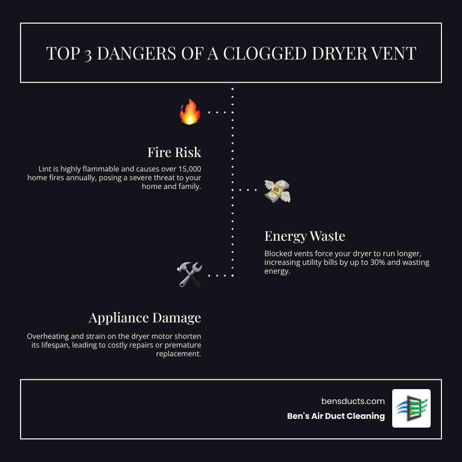 Infographic showing the top 3 dangers of a clogged dryer vent: 1) Fire Risk – lint is highly flammable and causes over 15,000 home fires annually, 2) Energy Waste – blocked vents force your dryer to run longer, increasing utility bills, and 3) Appliance Damage – overheating and strain shorten your dryer's lifespan and lead to costly repairs - residential dryer vent cleaning company in westlake, oh infographic infographic-line-3-steps-dark